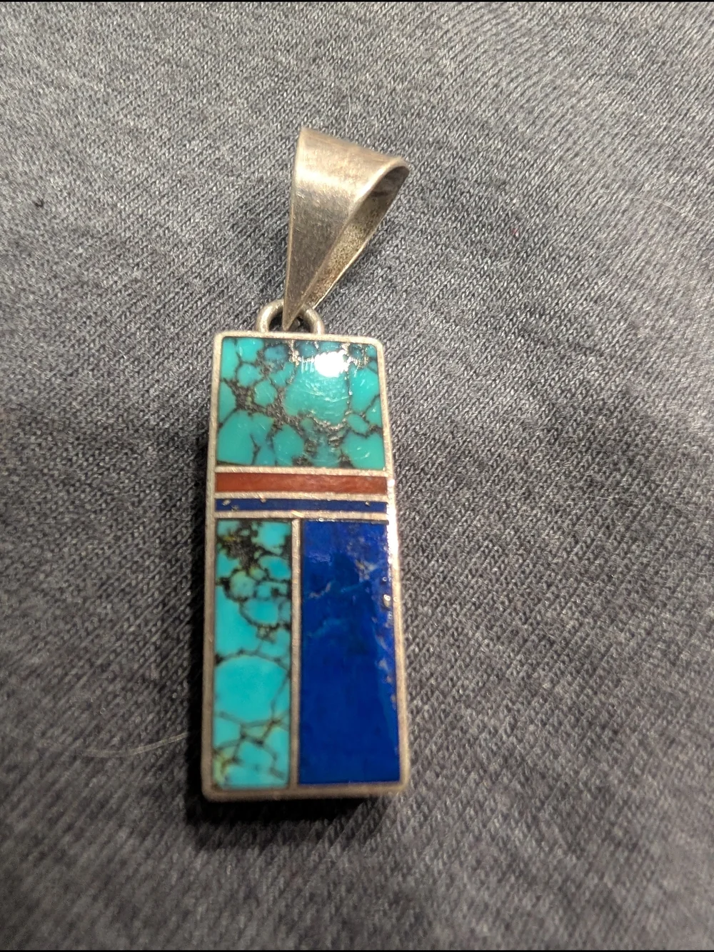 Turquoise and Blue Lapis Inlay Rectangular Men's Pendant - Native Made